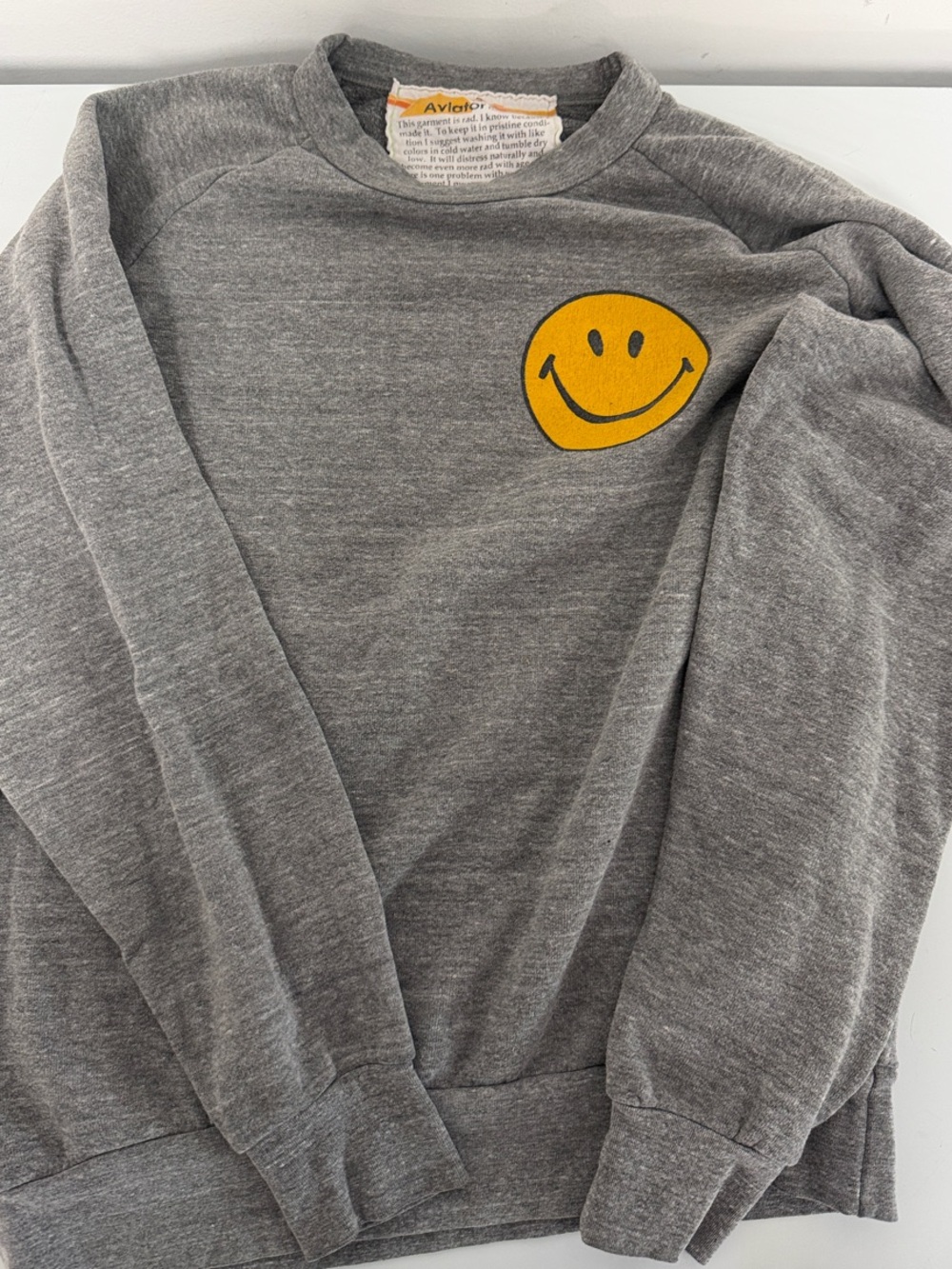 Aviator Nation Gray Crewneck Sweatshirt with Yellow Smiley Face size small - Picture 3 of 4